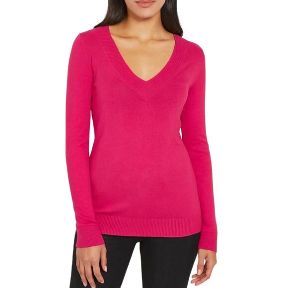 Express Pink V-Neck Sweater Classic Knit Hot Pink Barbie Style Cozycore Medium - Picture 1 of 5